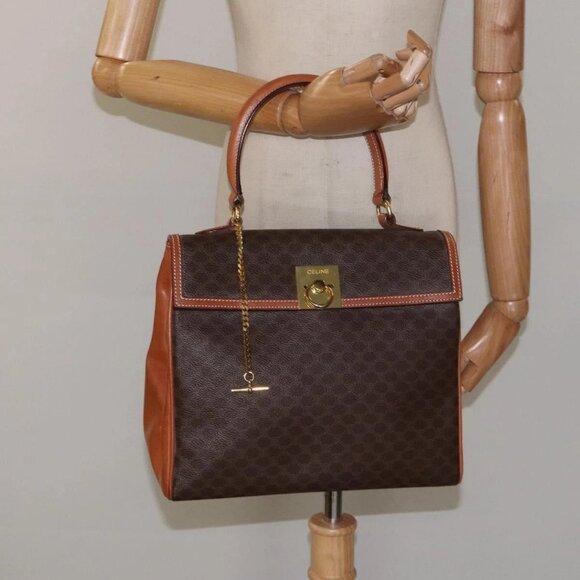 CELINE Macadam Canvas Hand Bag PVC Brown Gold Auth - Picture 1 of 16